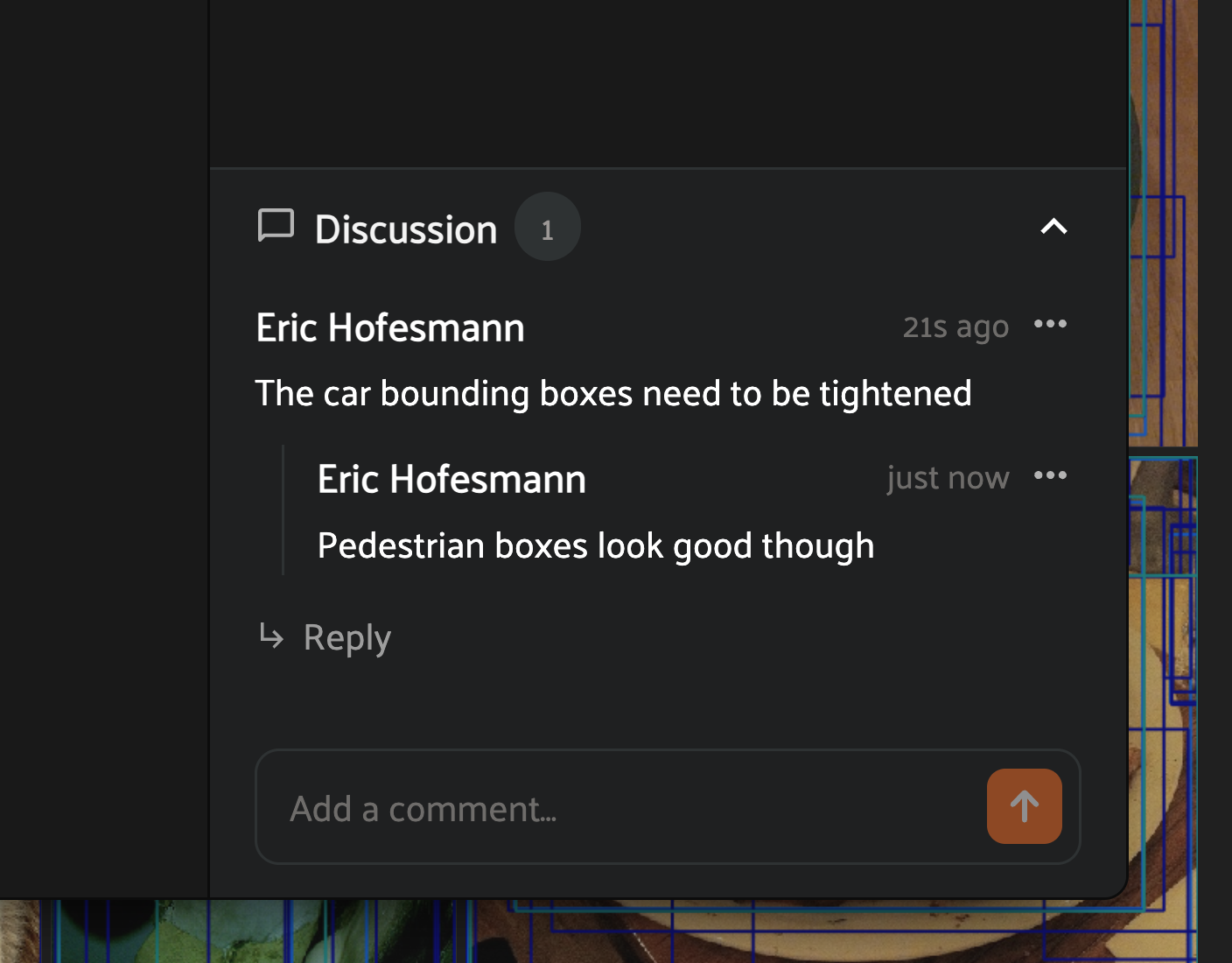 Discussion panel with a comment thread on a sample