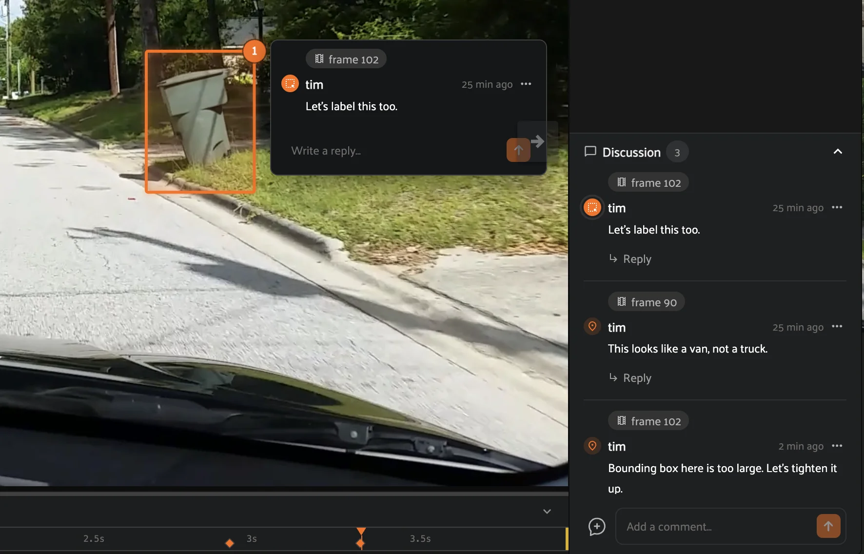 Anchored comments on a video frame, marked on the timeline and listed in the Discussion panel