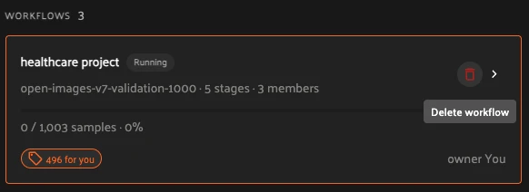 Delete workflow button on a workflow card