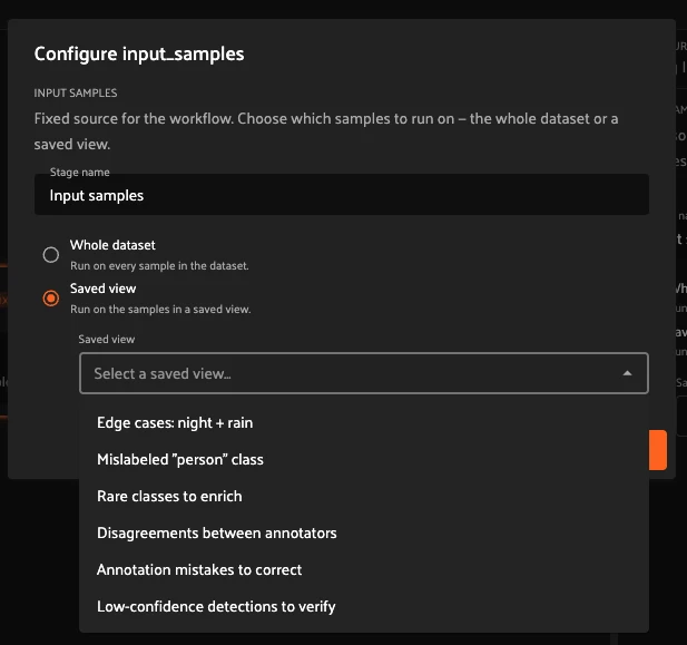 Configuring Input samples with saved view selection