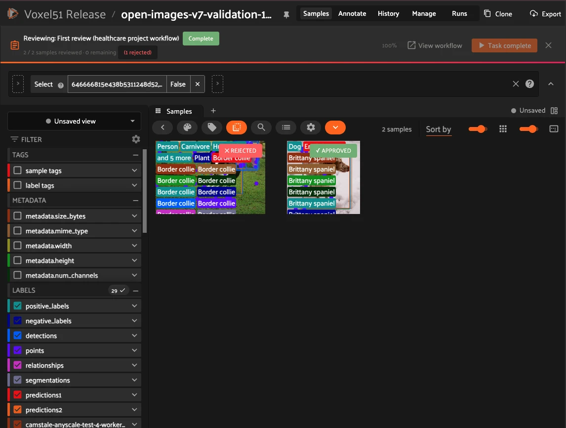 Review task mode showing APPROVED and REJECTED badges on a grid