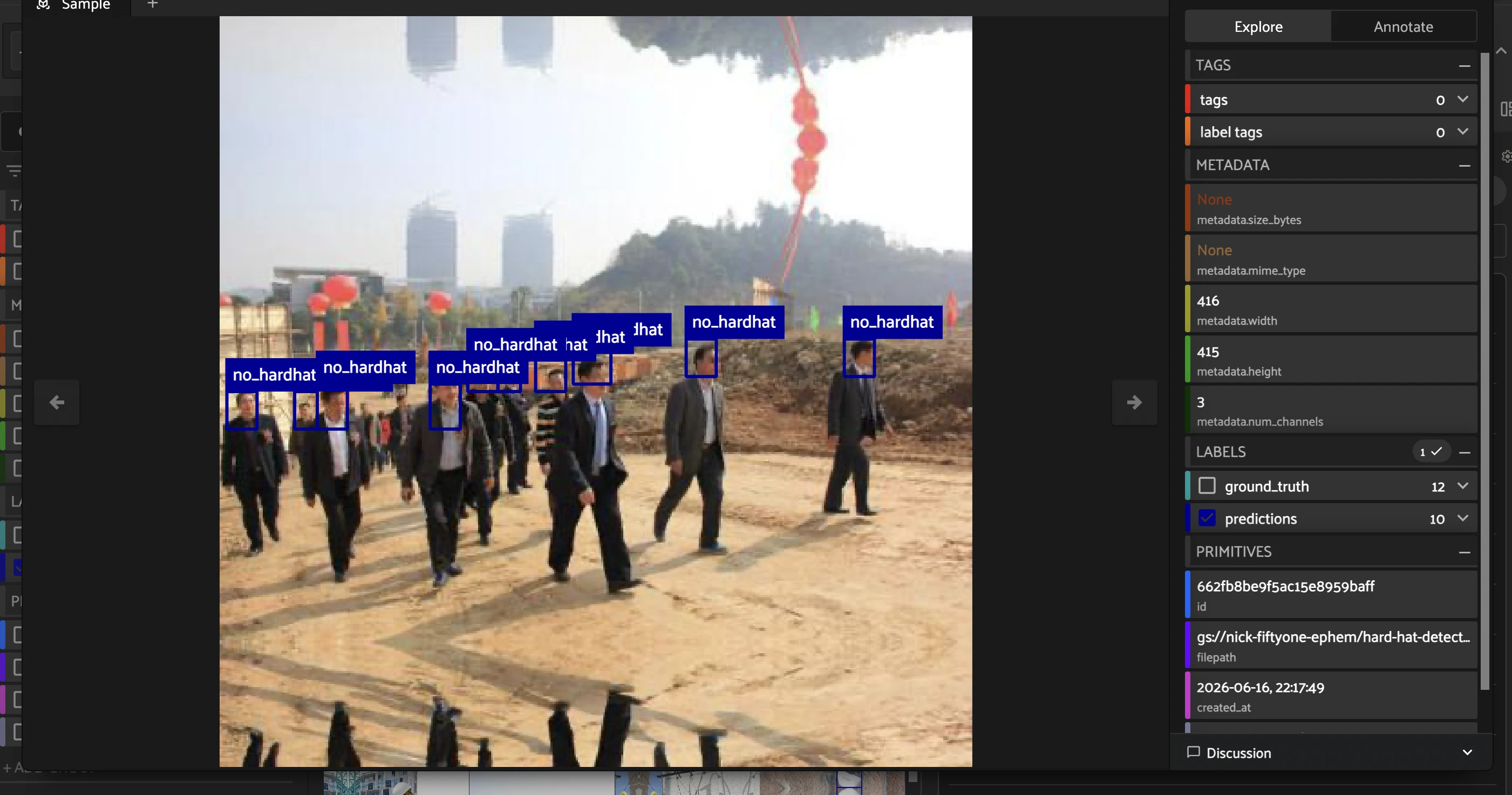 A sample with no_hardhat predictions next to ground_truth, both fields listed in the sidebar
