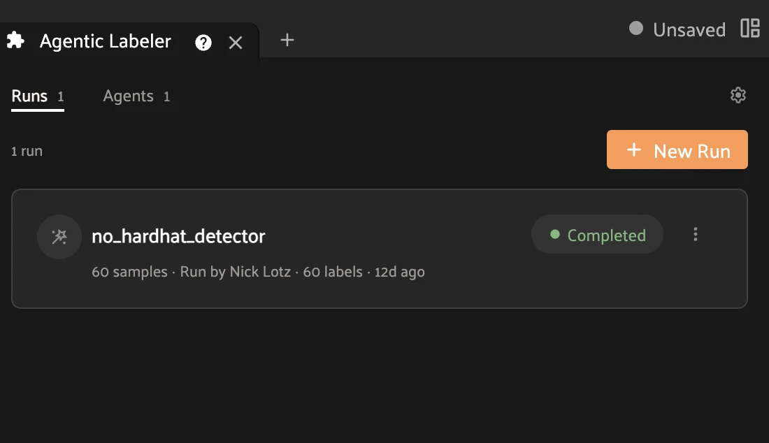 The Runs tab with the no_hardhat_detector run marked Completed: 60 samples, 60 labels