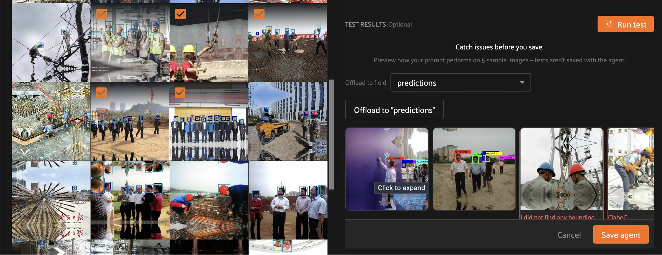 Test results on five samples, set to offload to the predictions field, with the Save agent button