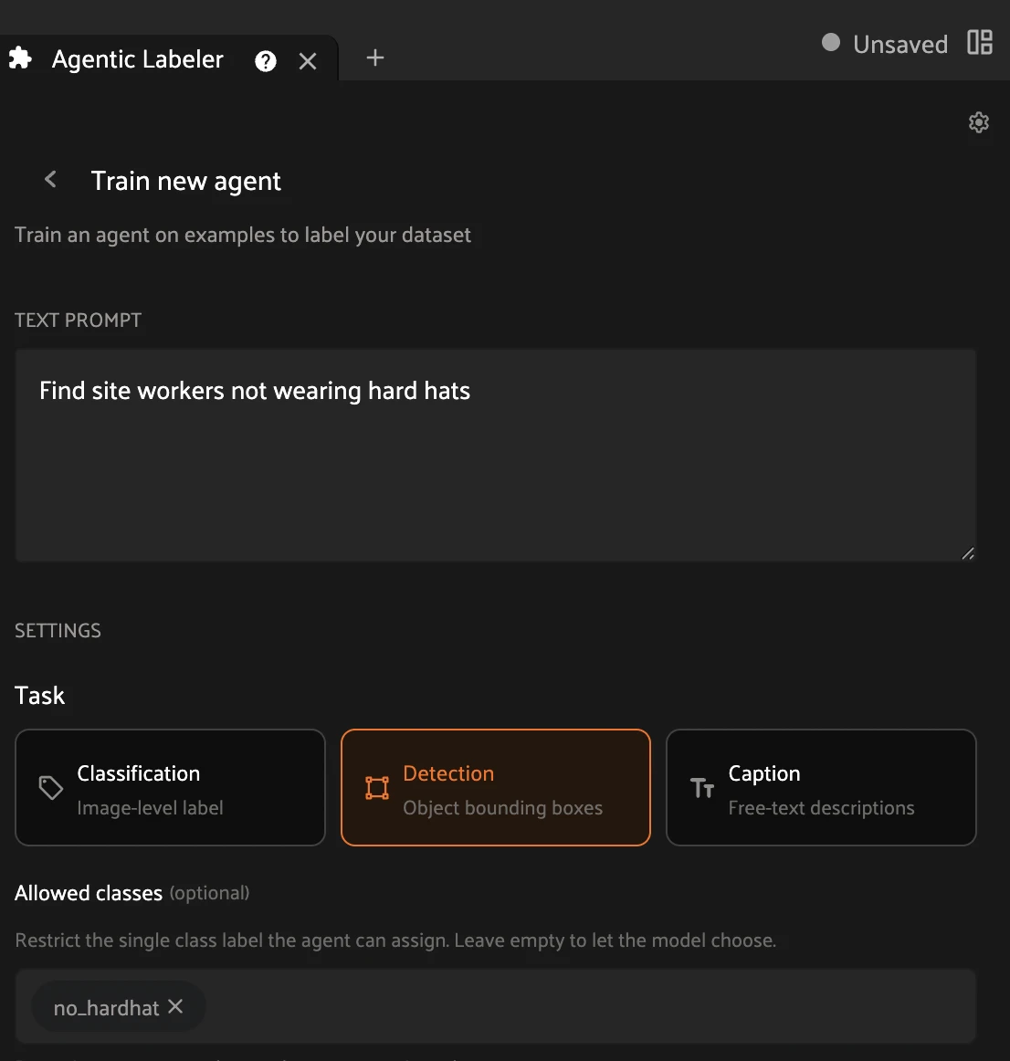The Train new agent form: text prompt, the Detection task card, and the no_hardhat allowed class