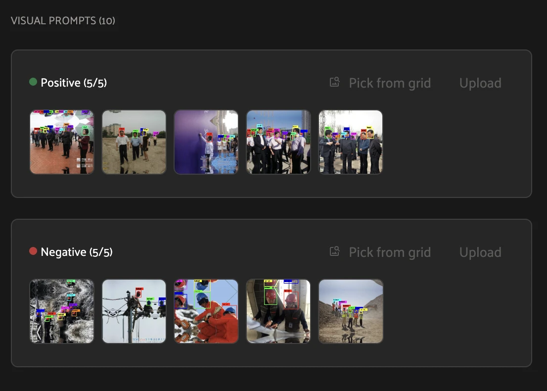 Selecting five positive and five negative example crops as visual prompts