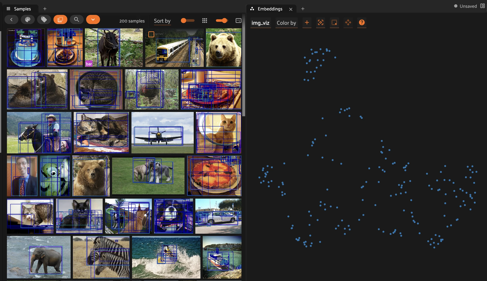 The Embeddings panel: the quickstart dataset visualized in 2D with the img_viz brain key