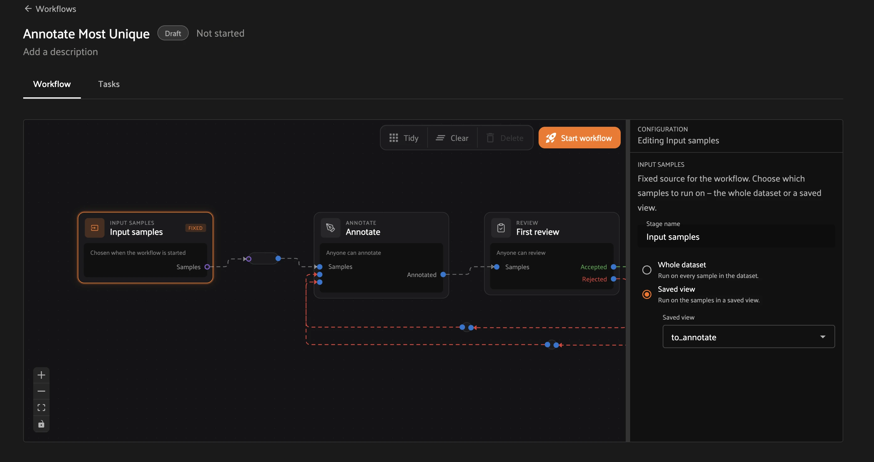 Configuring Input samples to the to_annotate saved view, then Start workflow