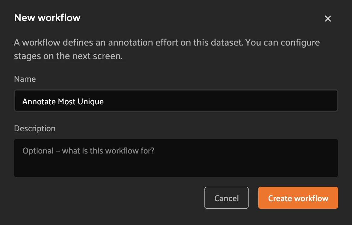 The New workflow dialog: name the workflow, then click Create workflow