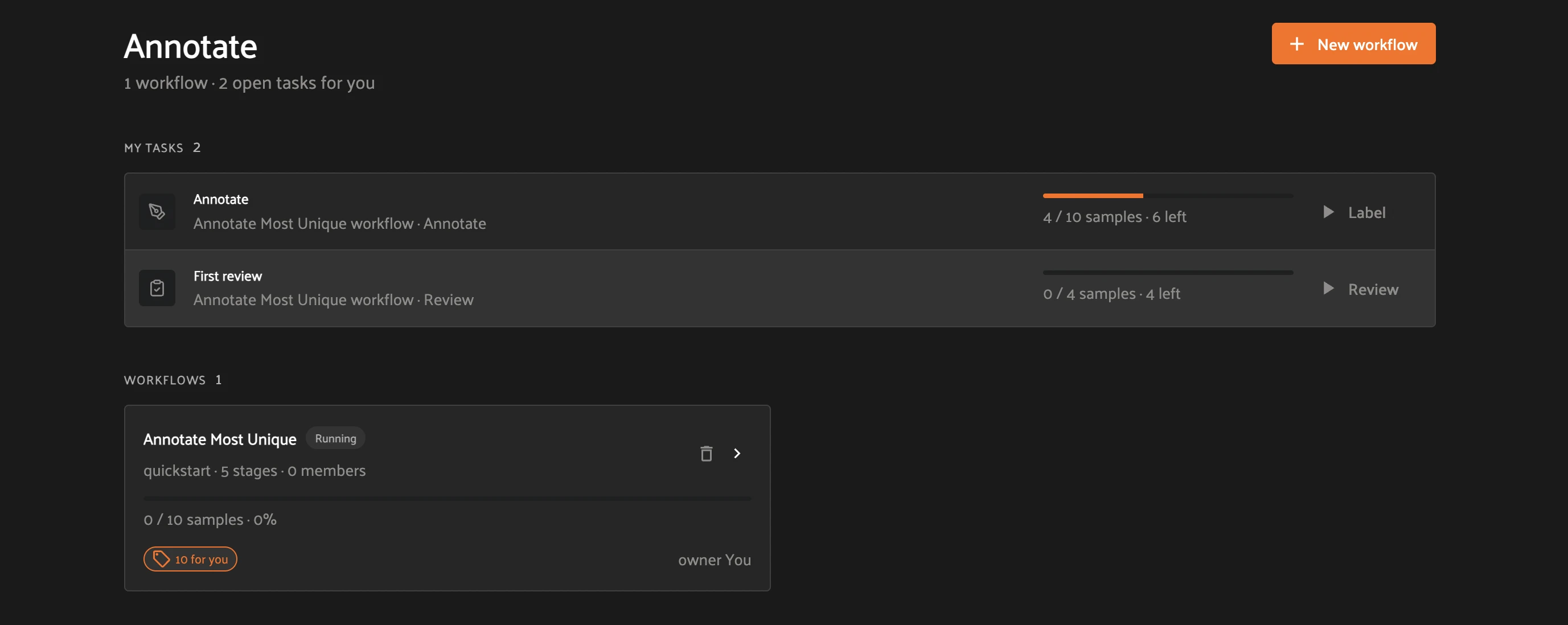 The Annotate dashboard: My tasks with Label and Review actions; the workflow is Running