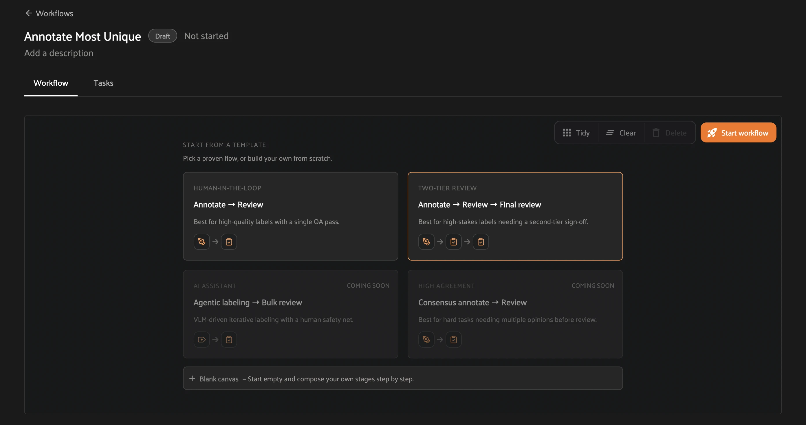 The template picker: choose Two-tier review, or start from a blank canvas