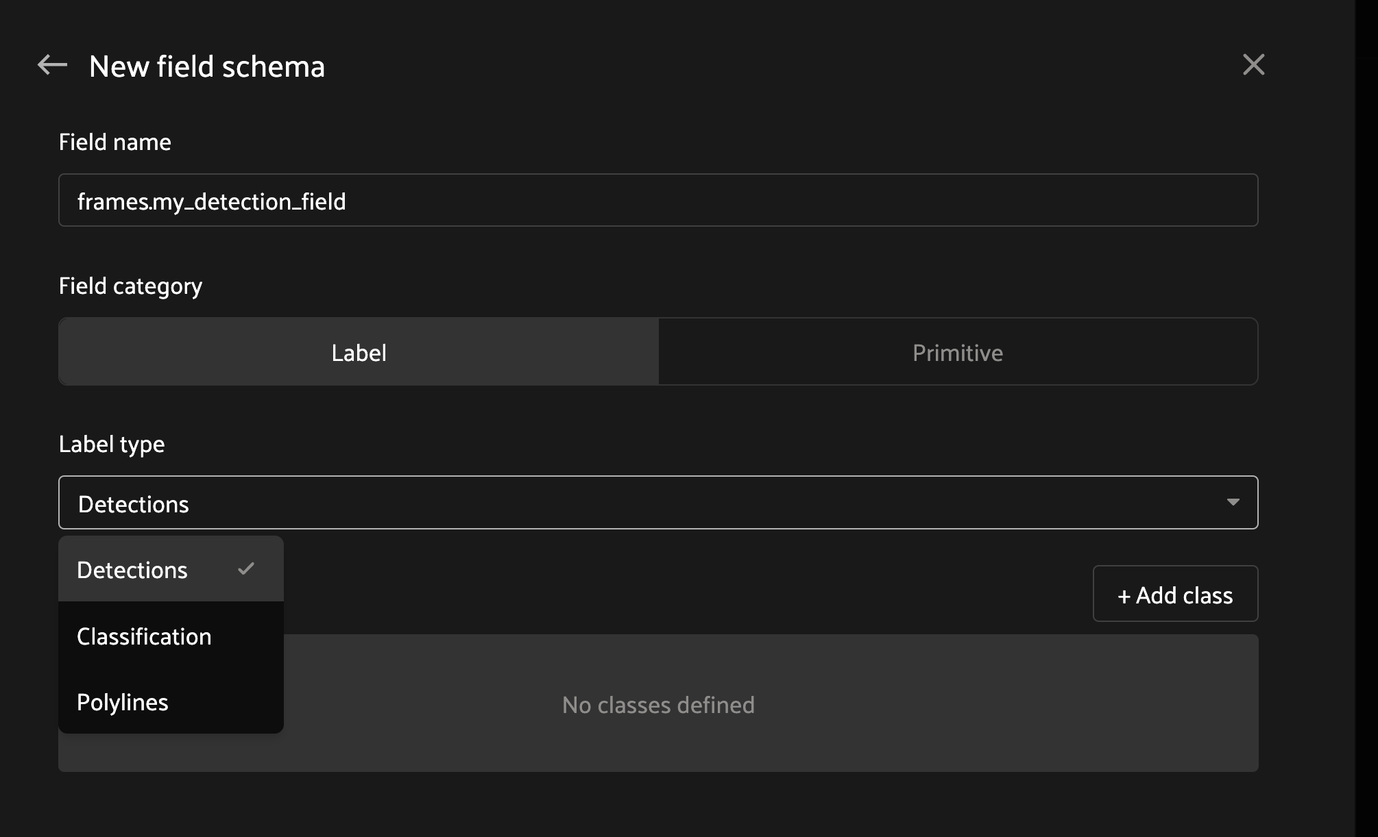 Create a frame-level Detections field in the schema editor