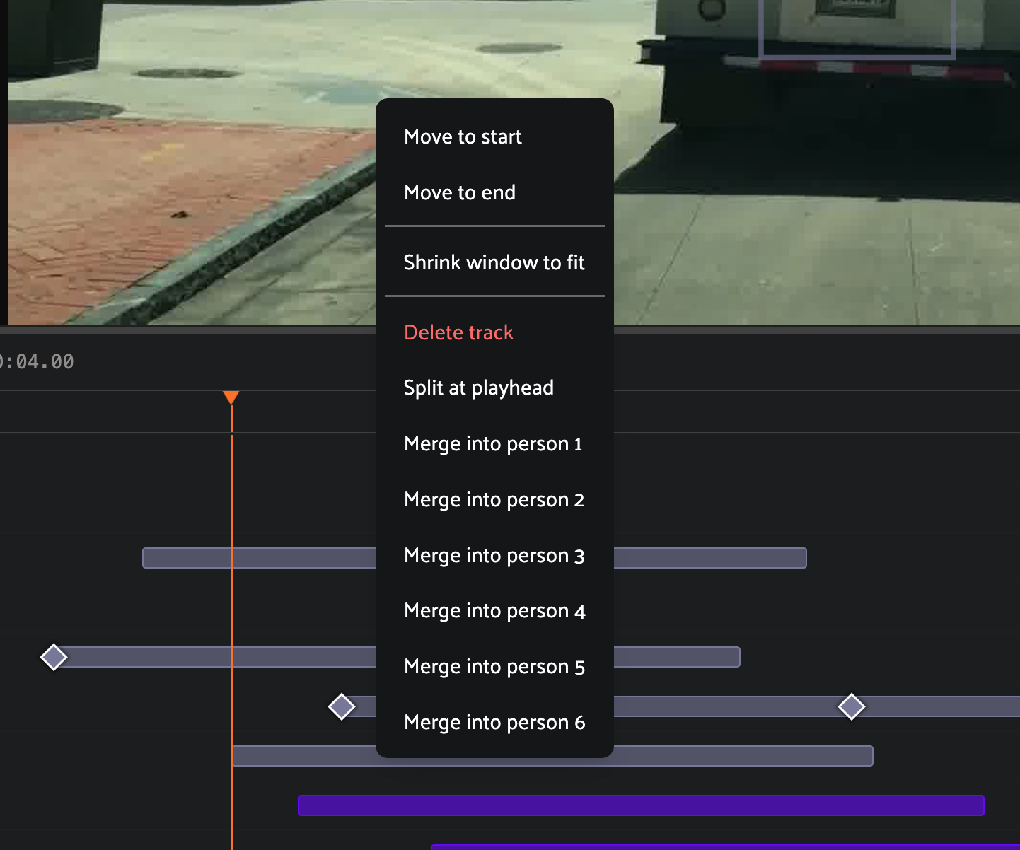 Track right-click context menu with Move/Shrink/Delete/Split/Merge options