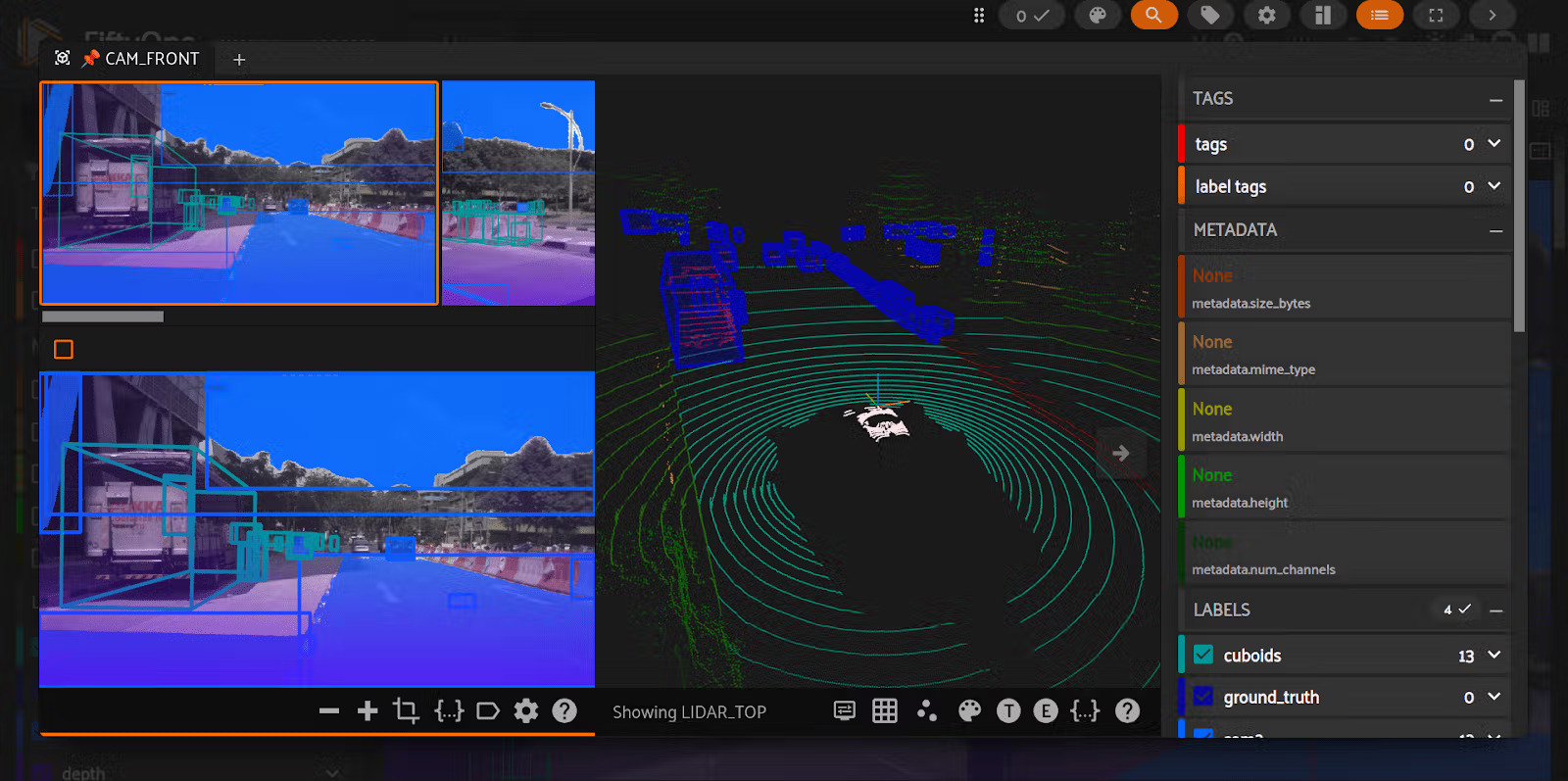 LiDAR point cloud with 3D cuboid detections alongside camera view in the FiftyOne App
