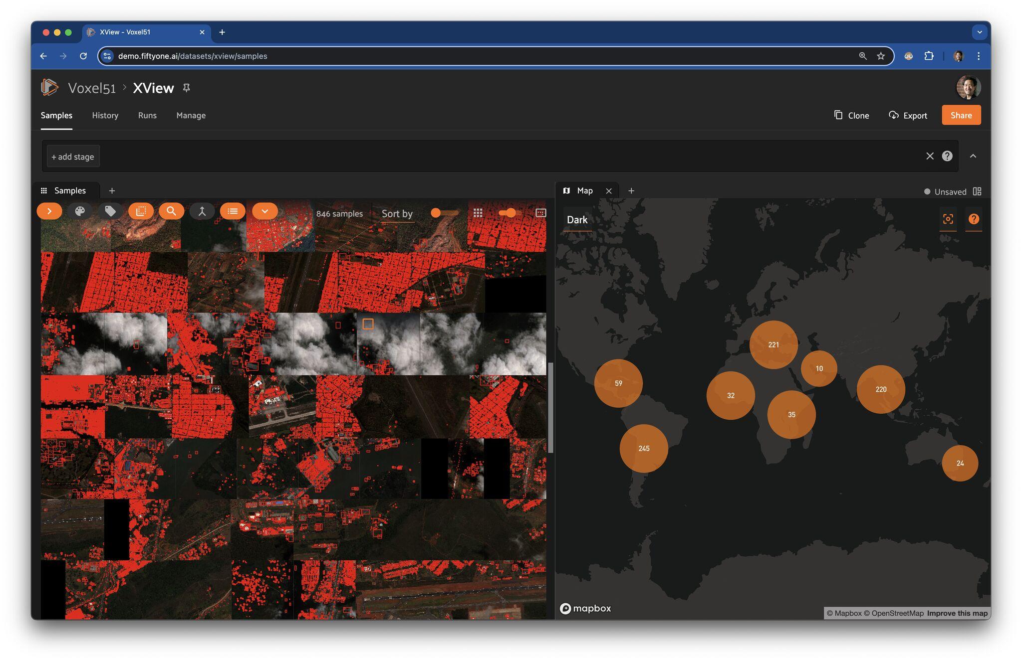 Satellite imagery dataset with a geo map panel in the FiftyOne App